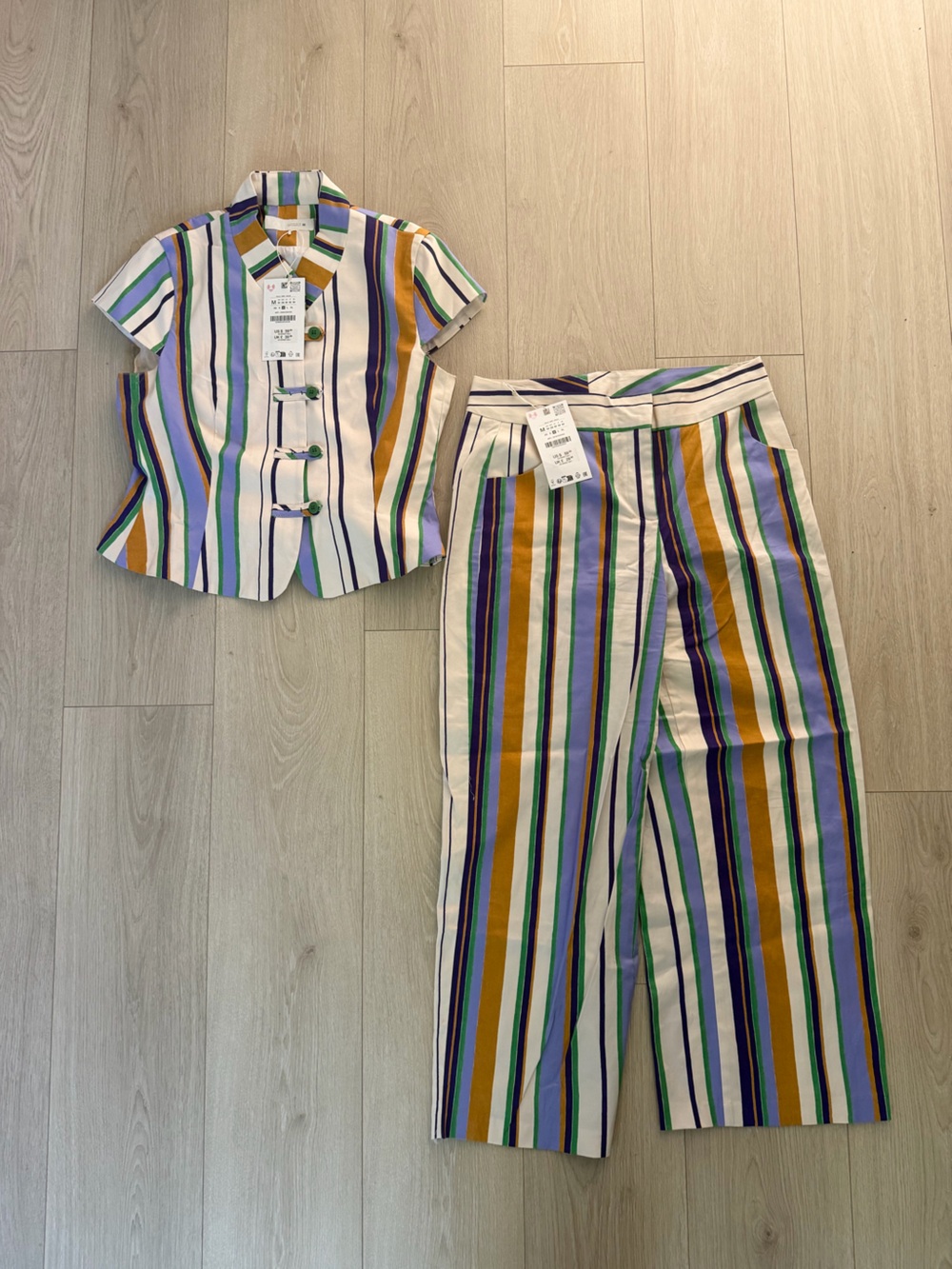 Zara Striped Matching Set Button Up Top & Cropped Pants Multicolor